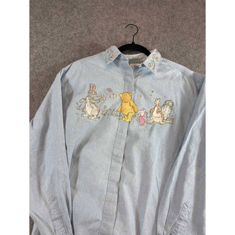 VINTAGE 90s Disney Denim Shirt Womens Blue Winnie The Pooh Embroidered Large - Picture 4 of 6